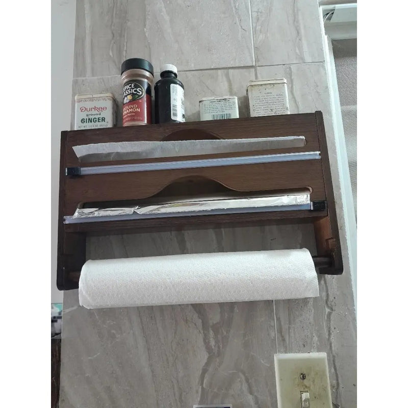 Organizador de cocina con cortador de papel film y soporte para papel - Solución de almacenamiento tres en uno: dispensador de papel encerado, rollos de papel encerado y aluminio - Ahorra espacio con portarrollo de plástico y dispensador de envoltura