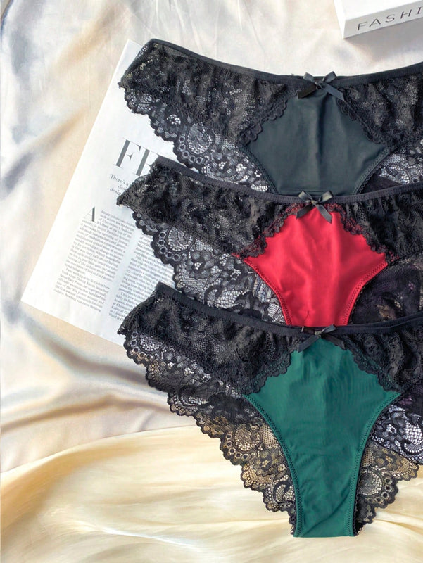 3 paquetes Ropa Interior Breve Con Lazo De Encaje De Contraste En La Parte Delantera