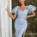 Vestido escote corazon de manga farol de muslo con abertura