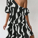 Vestido smock con estampado de cuello asimetrico de manga farol bajo con fruncido