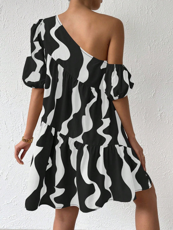 Vestido smock con estampado de cuello asimetrico de manga farol bajo con fruncido