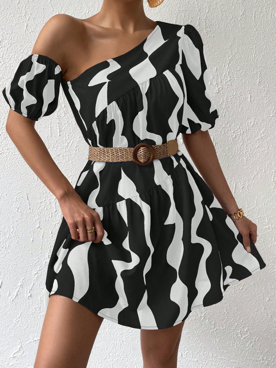 Vestido smock con estampado de cuello asimetrico de manga farol bajo con fruncido