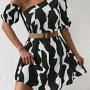 Vestido smock con estampado de cuello asimetrico de manga farol bajo con fruncido