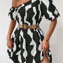 Vestido smock con estampado de cuello asimetrico de manga farol bajo con fruncido