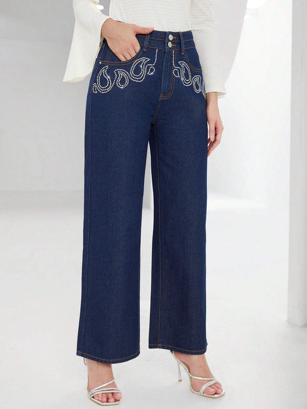 Prive Jeans con diseno de diamante de imitacion de pierna ancha