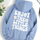 Ezwear sudadera con capucha forrada termica con bolsillo tipo canguro, cordon y estampado de lema y flores: disfrute de las pequenas cosas
