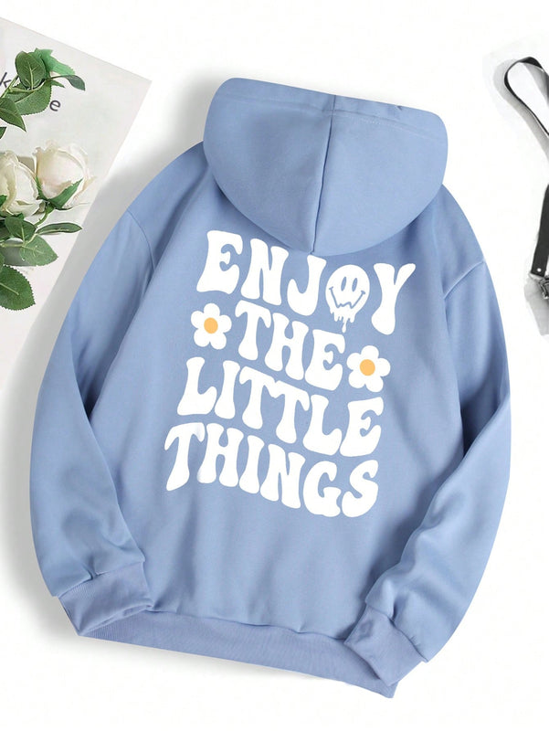 Ezwear sudadera con capucha forrada termica con bolsillo tipo canguro, cordon y estampado de lema y flores: disfrute de las pequenas cosas
