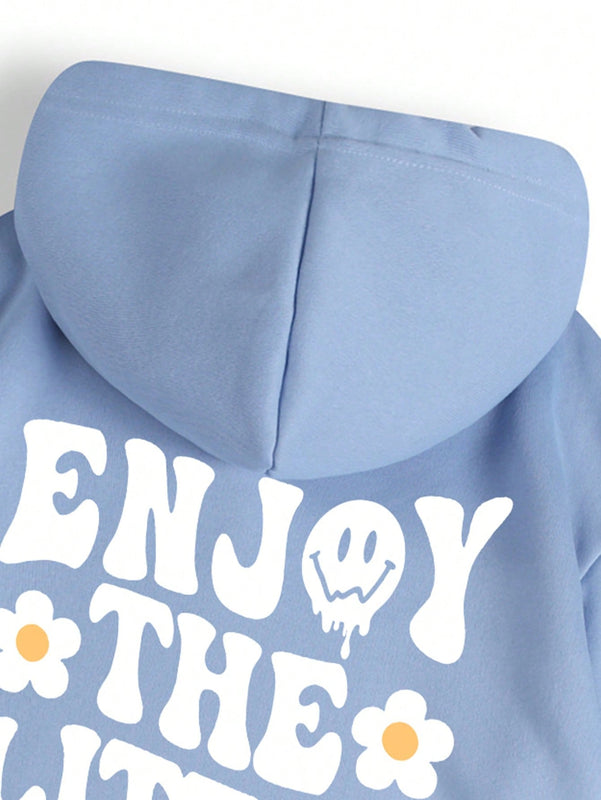 Ezwear sudadera con capucha forrada termica con bolsillo tipo canguro, cordon y estampado de lema y flores: disfrute de las pequenas cosas