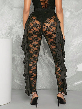 Haute Pantalones Superpuestos De Encaje Lateral Con Volantes
