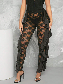 Haute Pantalones Superpuestos De Encaje Lateral Con Volantes