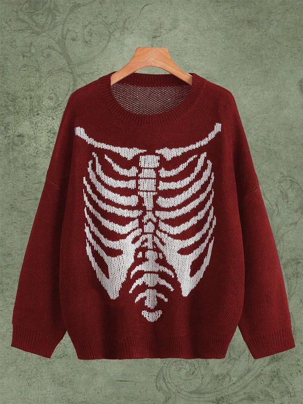 ROMWE Goth Jersey con patron de esqueleto de hombros caidos