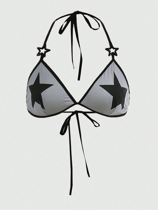 Be Kind and Love Yourself Sujetador con estampado de estrella unido en contraste halter