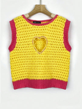 EZwear Chaleco de punto con patron de corazon con abertura ribete en contraste
