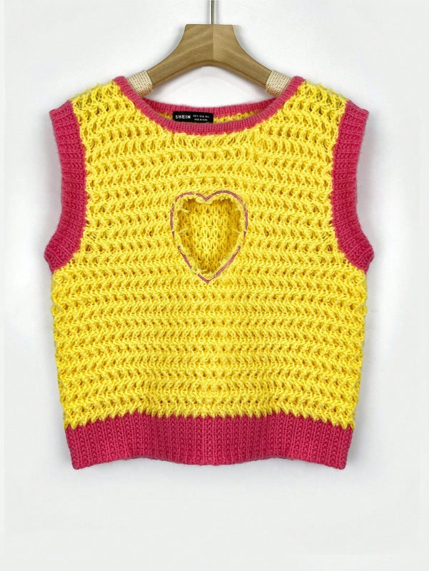 EZwear Chaleco de punto con patron de corazon con abertura ribete en contraste