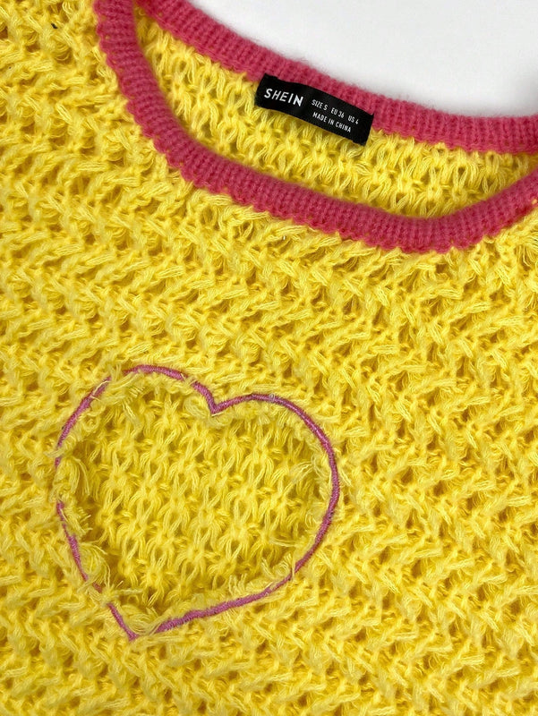 EZwear Chaleco de punto con patron de corazon con abertura ribete en contraste