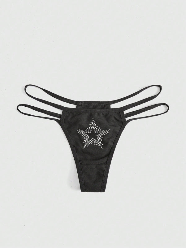 ROMWE Kawaii Tanga Con Diseno Recortado De Estrella Con Incrustaciones De Pedreria