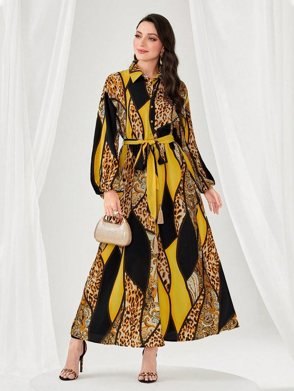 Modely Vestido con cinturon con estampado floral de leopardo de manga farol