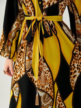 Modely Vestido con cinturon con estampado floral de leopardo de manga farol