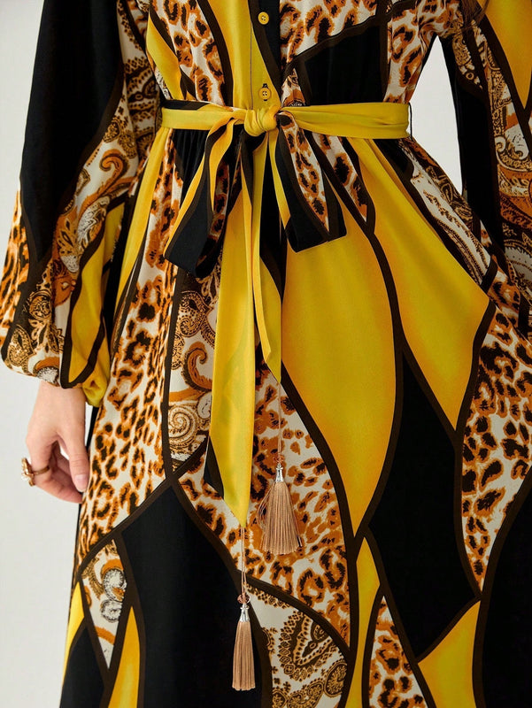 Modely Vestido con cinturon con estampado floral de leopardo de manga farol
