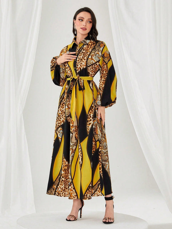 Modely Vestido con cinturon con estampado floral de leopardo de manga farol