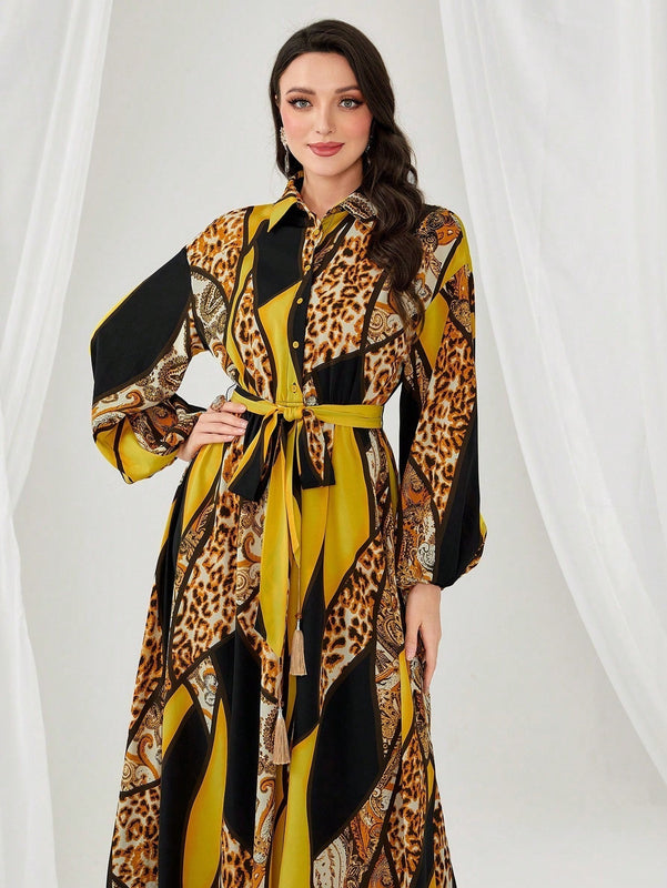 Modely Vestido con cinturon con estampado floral de leopardo de manga farol