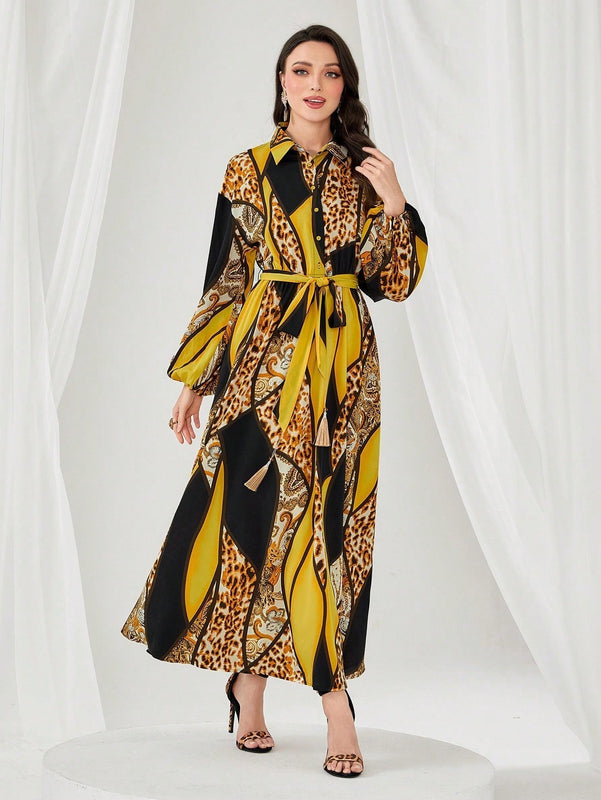 Modely Vestido con cinturon con estampado floral de leopardo de manga farol