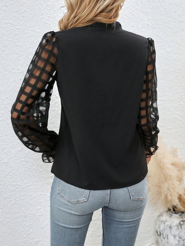 Clasi Blusa de malla en contraste de manga amplia de cuello con cordon