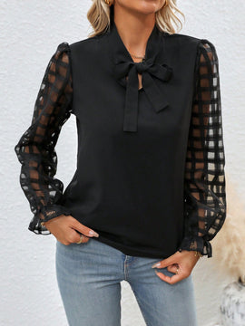 Clasi Blusa de malla en contraste de manga amplia de cuello con cordon