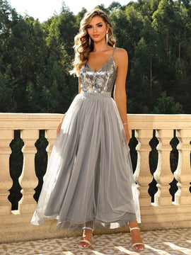 Joyfunear Vestido Maxi Con Abertura En El Dobladillo Con Apliques De Lentejuelas Y Malla