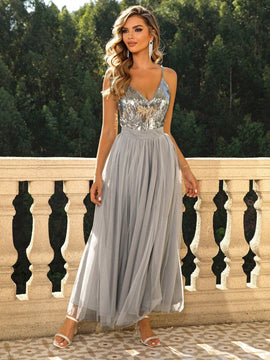 Joyfunear Vestido Maxi Con Abertura En El Dobladillo Con Apliques De Lentejuelas Y Malla