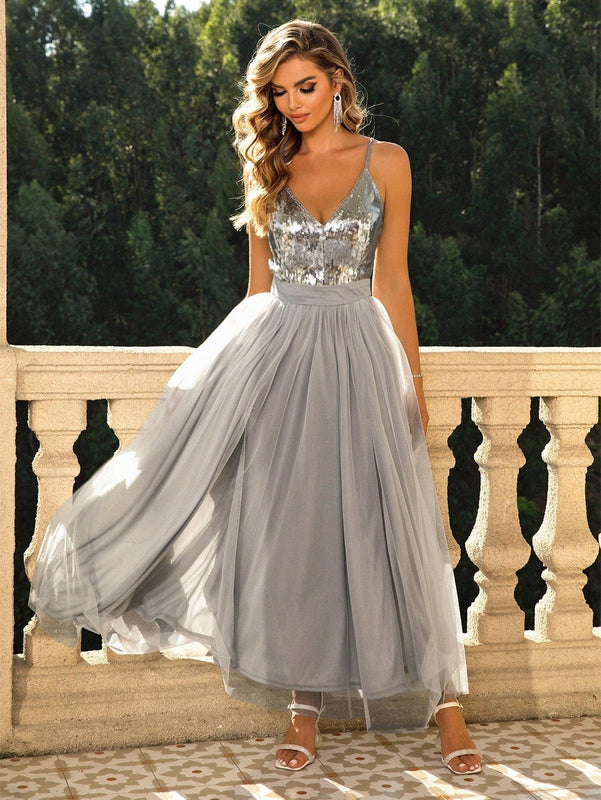 Joyfunear Vestido Maxi Con Abertura En El Dobladillo Con Apliques De Lentejuelas Y Malla