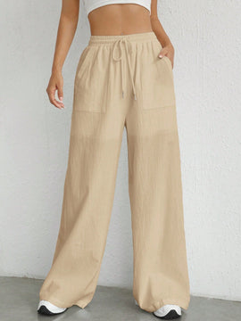 Pantalones sueltos de pierna ancha de color solido para mujer con dobladillo fluido, estilo casual