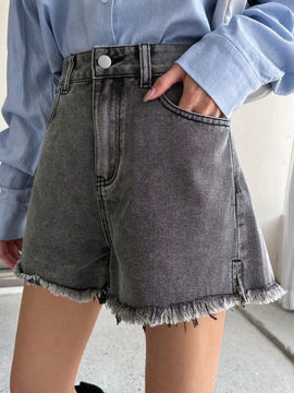 DAZY Shorts en mezclilla de talle alto bajo crudo