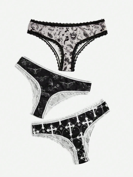 ROMWE Goth 3 piezas Cintas murcielago con cruzado con estampado de craneo ribete con encaje en contraste