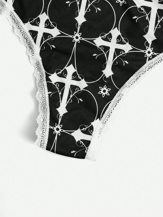 ROMWE Goth 3 piezas Cintas murcielago con cruzado con estampado de craneo ribete con encaje en contraste