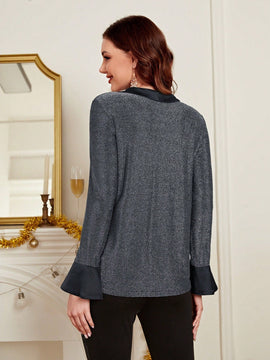 EMERY ROSE Blusa de cuello con cordon de manga amplia brillante