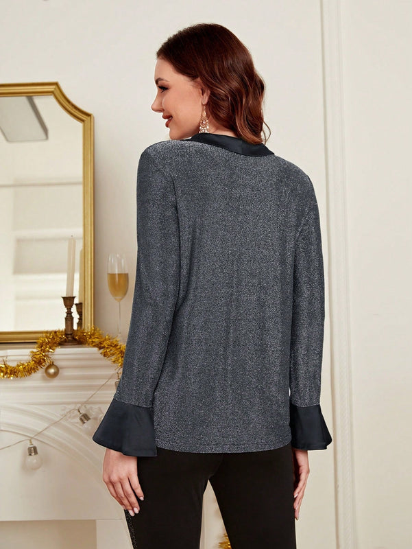 EMERY ROSE Blusa de cuello con cordon de manga amplia brillante