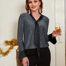 EMERY ROSE Blusa de cuello con cordon de manga amplia brillante