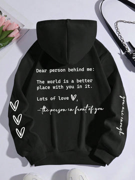 Ezwear sudadera con capucha termica con bolsillo canguro, cordon y grafico de lema "querida persona detras de mi, el mundo es un lugar mejor con usted en el. con mucho amor, la persona frente a usted"