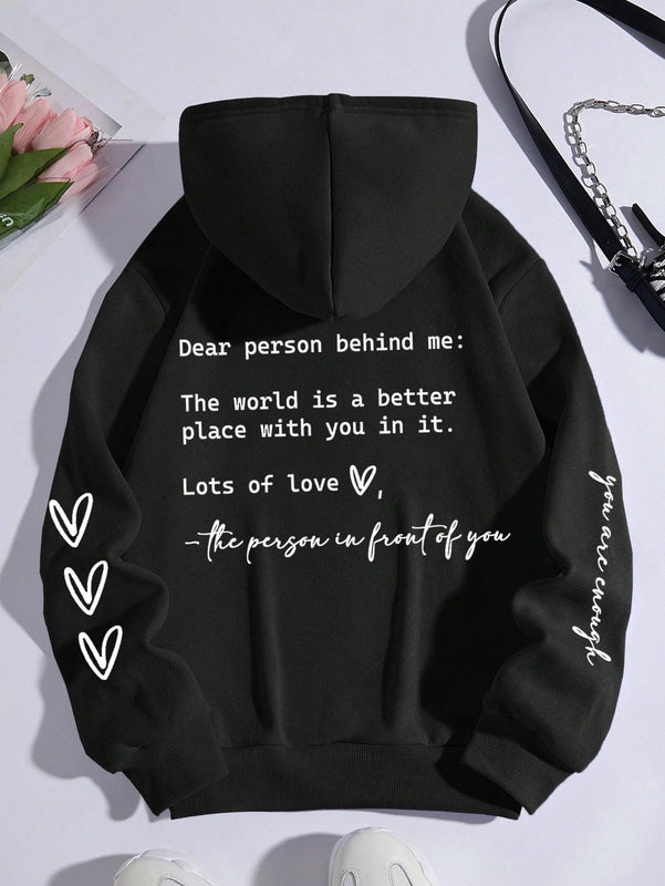 Ezwear sudadera con capucha termica con bolsillo canguro, cordon y grafico de lema "querida persona detras de mi, el mundo es un lugar mejor con usted en el. con mucho amor, la persona frente a usted"