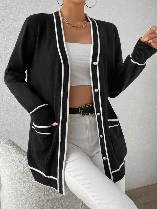 Essnce cardigan casual de bolsillo de mujer con manga larga de un solo botonadura a rayas, otono/invierno
