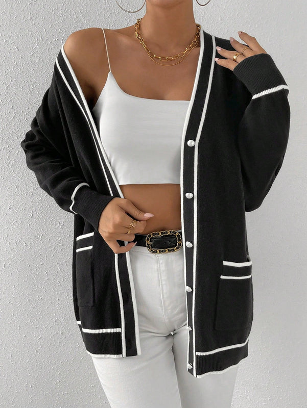 Essnce cardigan casual de bolsillo de mujer con manga larga de un solo botonadura a rayas, otono/invierno