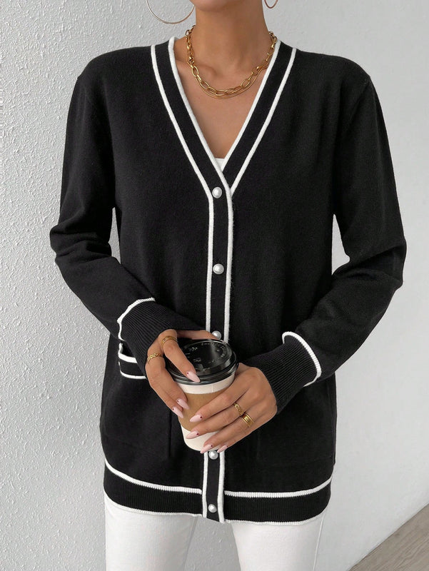 Essnce cardigan casual de bolsillo de mujer con manga larga de un solo botonadura a rayas, otono/invierno