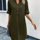 Vestido unicolor con boton de manga enrollada de cuello notch