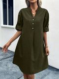 Vestido unicolor con boton de manga enrollada de cuello notch