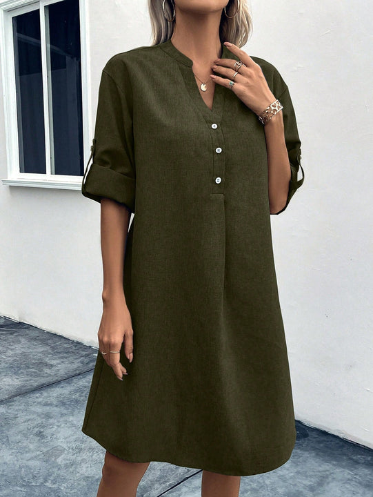 Vestido con estampado de leopardo de manga enrollada de cuello notch