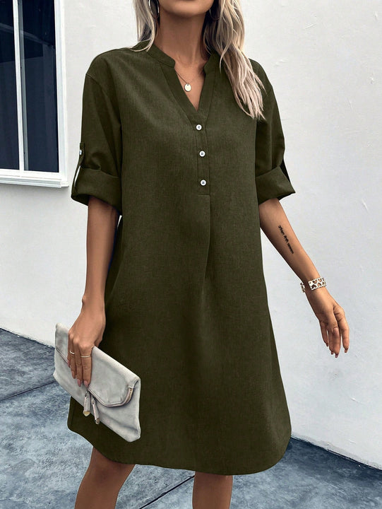 Vestido con estampado de leopardo de manga enrollada de cuello notch