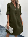 Vestido unicolor con boton de manga enrollada de cuello notch