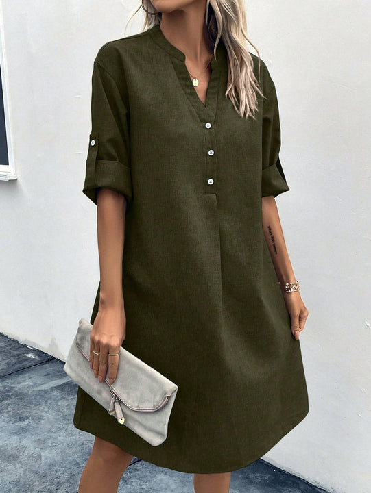 Vestido con estampado de leopardo de manga enrollada de cuello notch