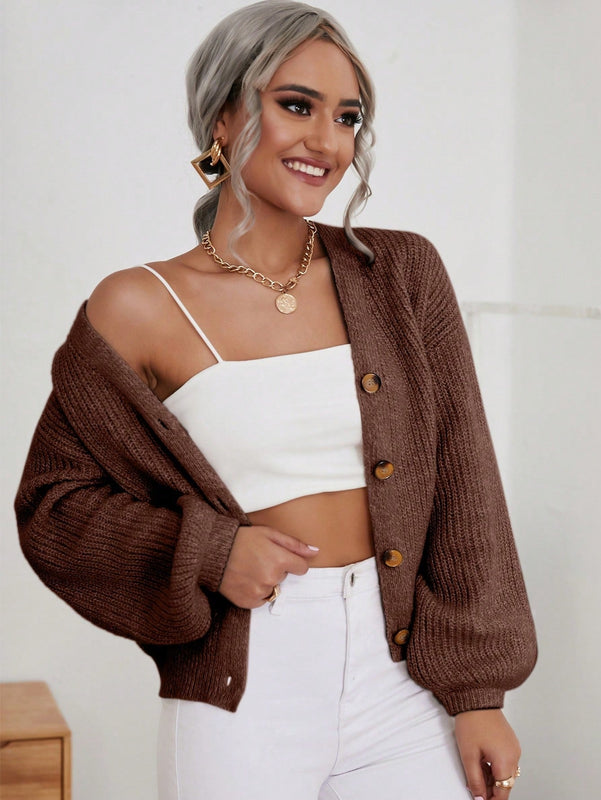 Frenchy cardigan de punto de manga larga, unicolor, con escote en v y botones frontales, versatil y casual